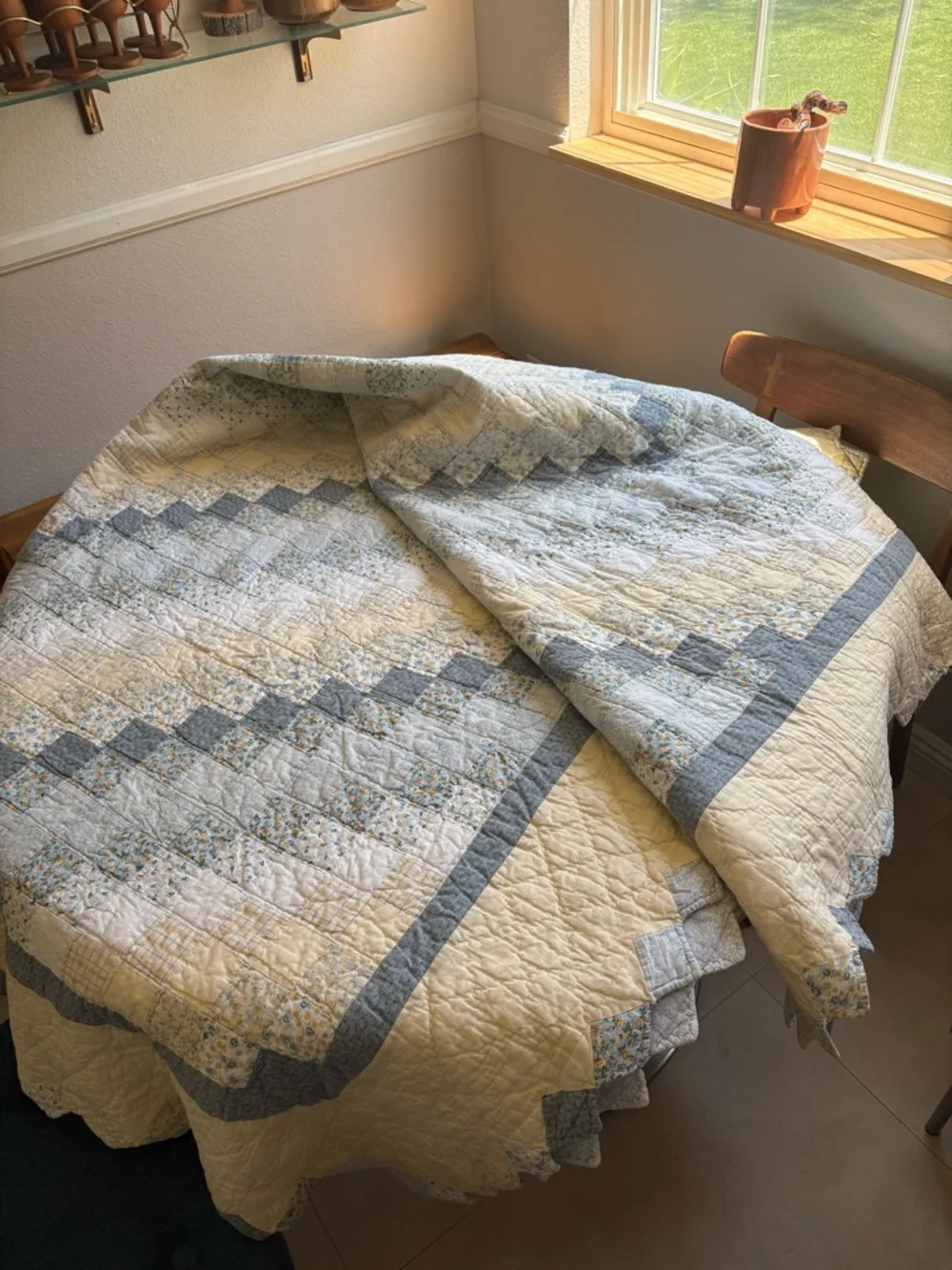 Classic Quilted Bedspread in Cream and Light Blue Handmade Vintage
